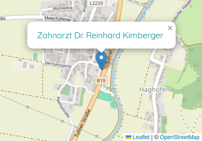 Detaillierte Karte, die den Standort von Zahnarzt Dr. Kimberger in Asperhofen zeigt.